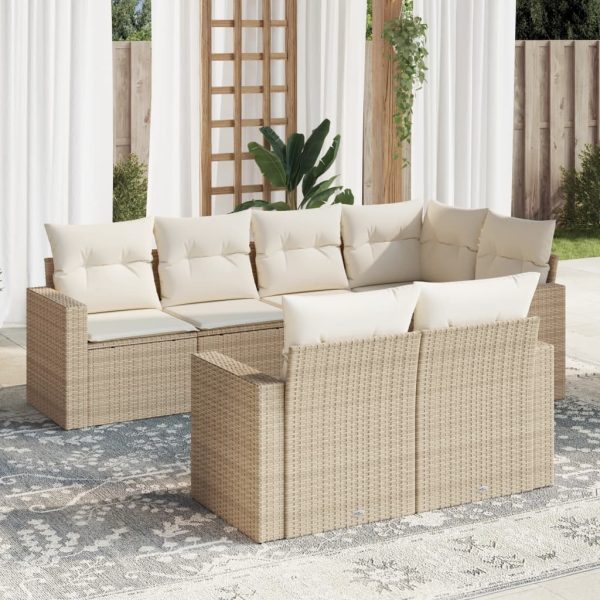 7-delige Loungeset met kussens poly rattan beige