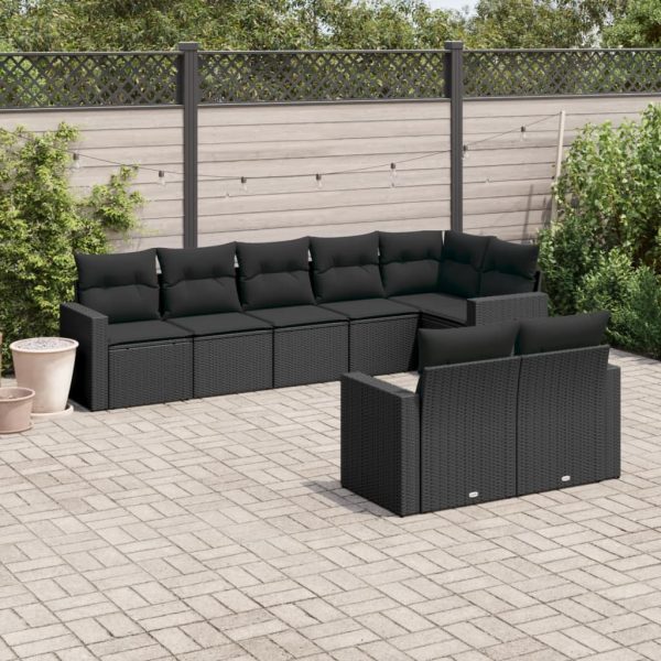 8-delige Loungeset met kussens poly rattan zwart