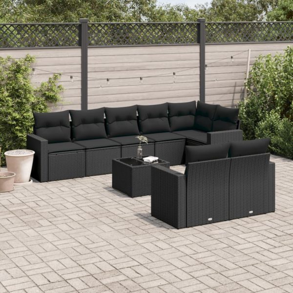 9-delige Loungeset met kussens poly rattan zwart