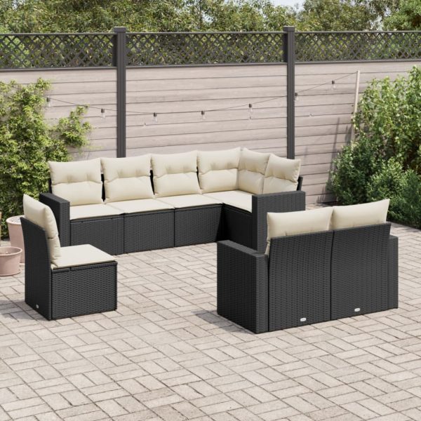 8-delige Loungeset met kussens poly rattan zwart