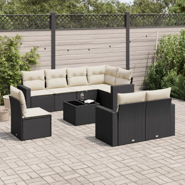 9-delige Loungeset met kussens poly rattan zwart