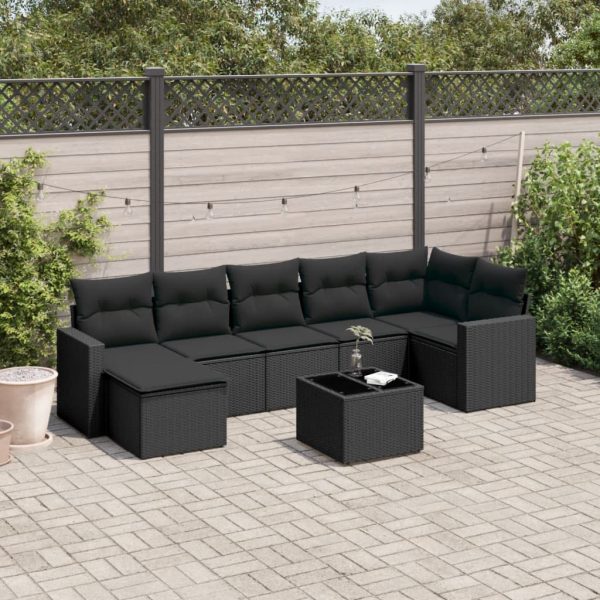 8-delige Loungeset met kussens poly rattan zwart