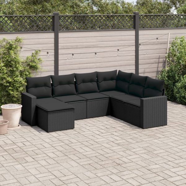7-delige Loungeset met kussens poly rattan zwart