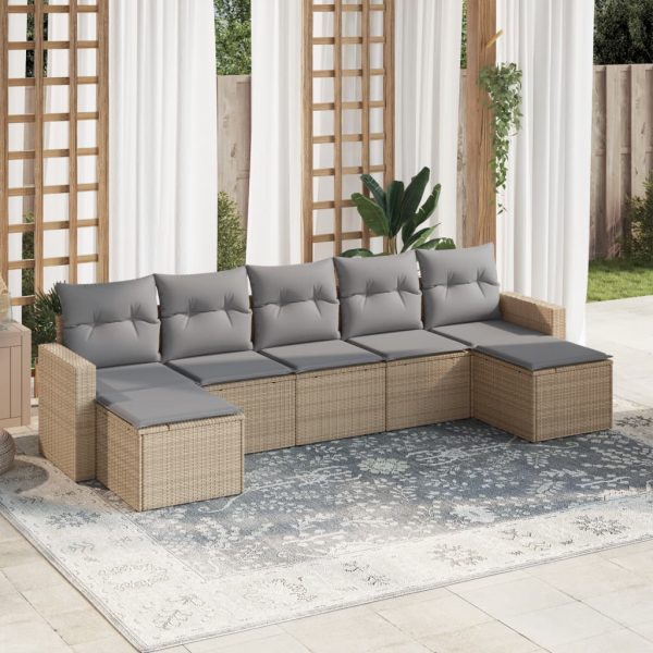 7-delige Loungeset met kussens poly rattan beige