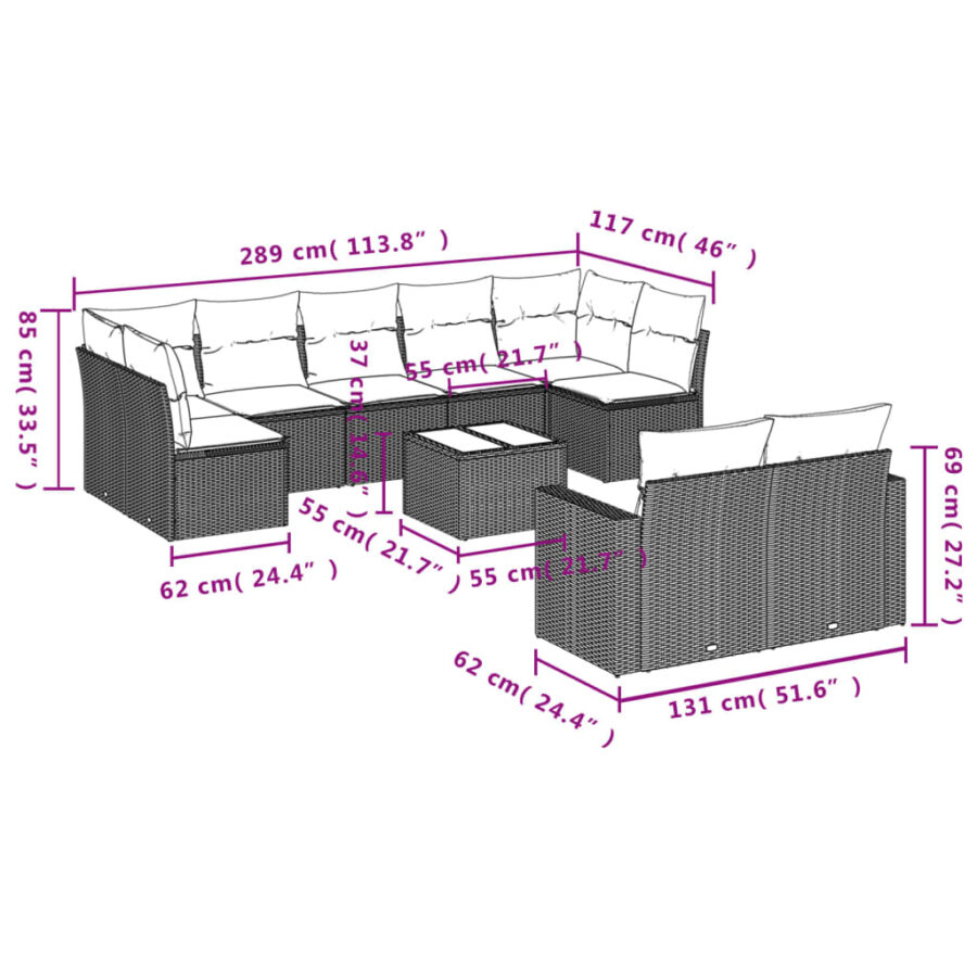 10-delige Loungeset met kussens poly rattan grijs - Afbeelding 8