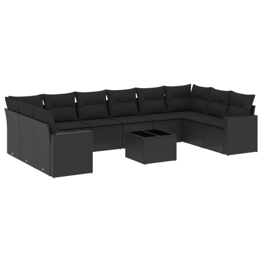 11-delige Loungeset met kussens poly rattan zwart - Afbeelding 2