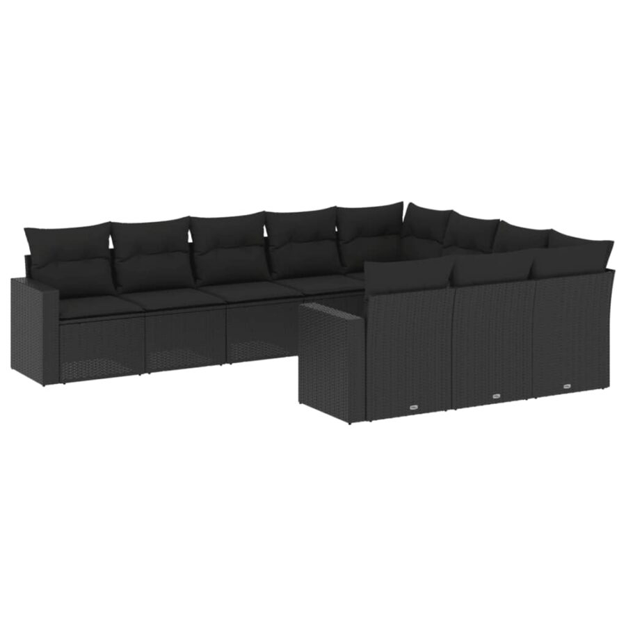 10-delige Loungeset met kussens poly rattan zwart - Afbeelding 2