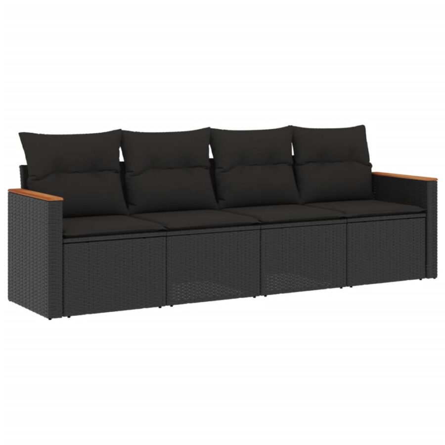 4-delige Loungeset met kussens poly rattan zwart - Afbeelding 2