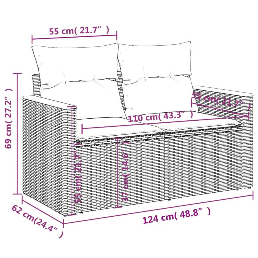 5-delige Loungeset met kussens poly rattan grijs - Afbeelding 8