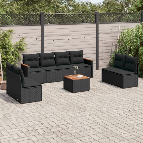 9-delige Loungeset met kussens poly rattan zwart