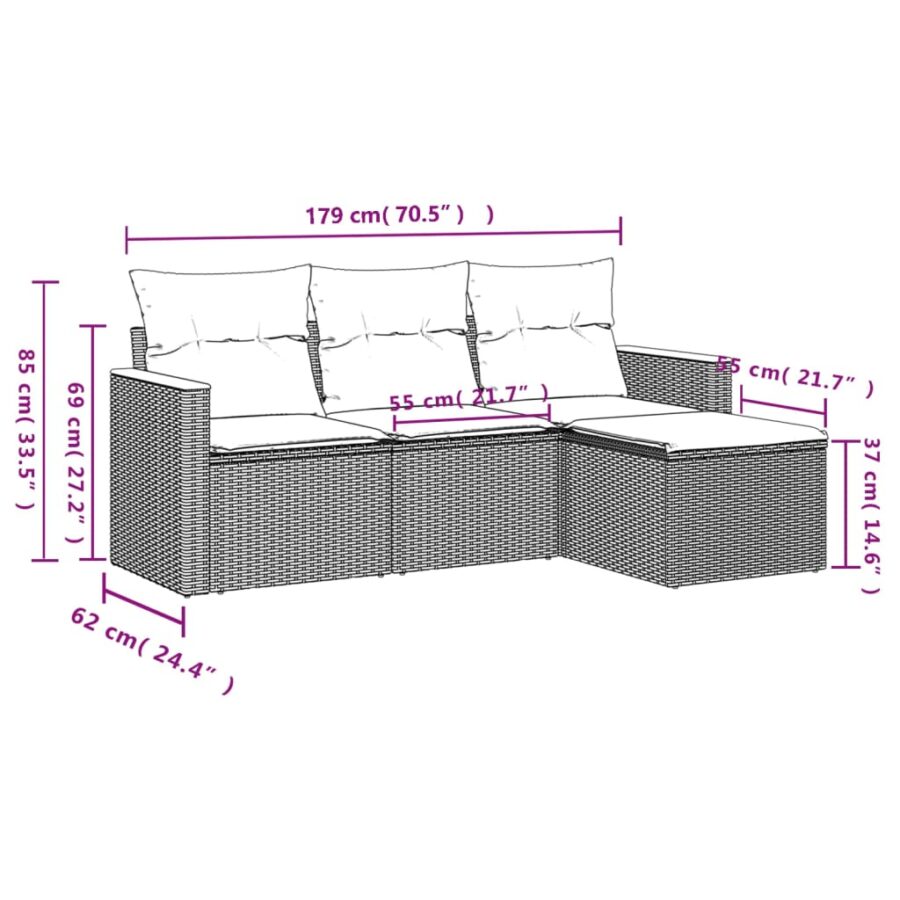 4-delige Loungeset met kussens poly rattan zwart - Afbeelding 7