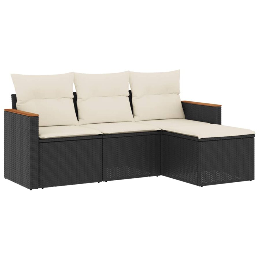 4-delige Loungeset met kussens poly rattan zwart - Afbeelding 2