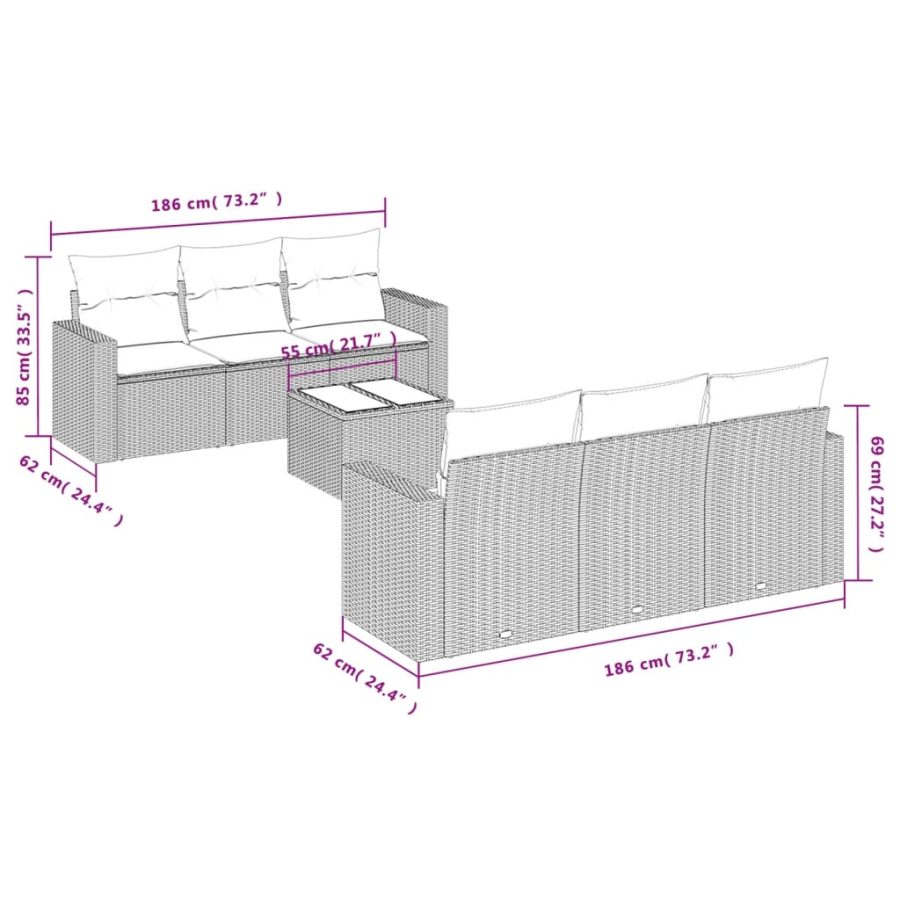 7-delige Loungeset met kussens poly rattan lichtgrijs - Afbeelding 3