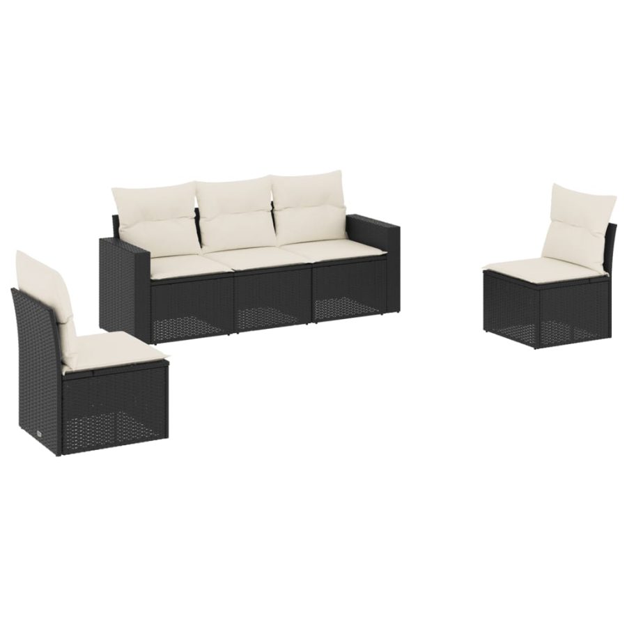 5-delige Loungeset met kussens poly rattan zwart - Afbeelding 2