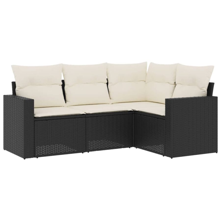 4-delige Loungeset met kussens poly rattan zwart - Afbeelding 2