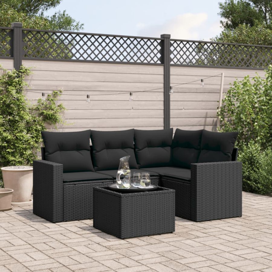 5-delige Loungeset met kussens poly rattan zwart