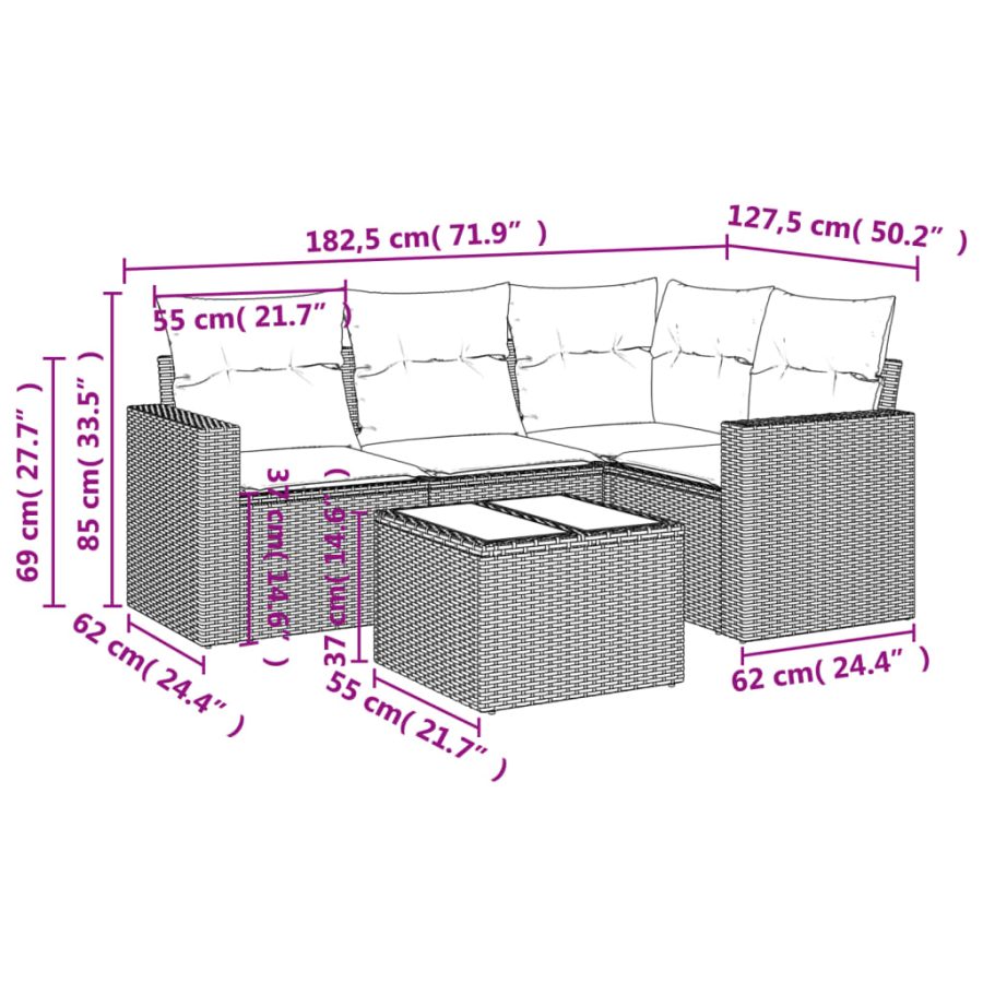 5-delige Loungeset met kussens poly rattan beige - Afbeelding 3