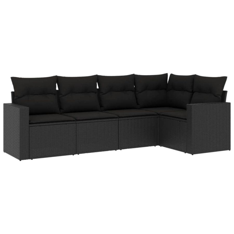 5-delige Loungeset met kussens poly rattan zwart - Afbeelding 2