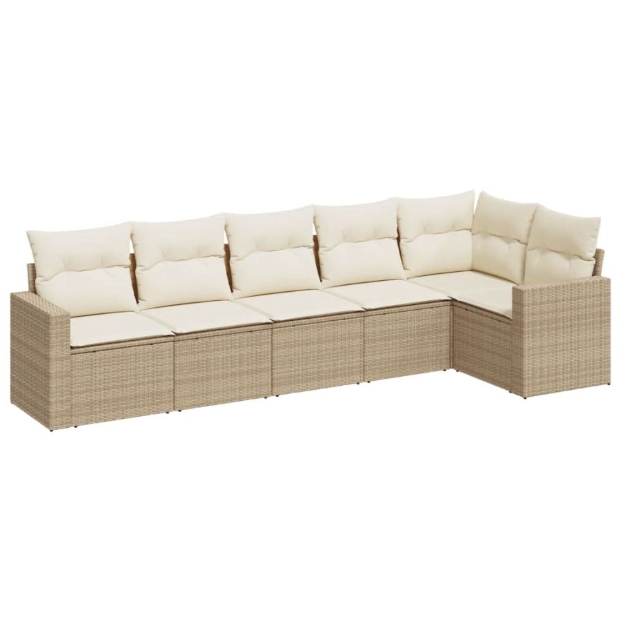 6-delige Loungeset met kussens poly rattan beige - Afbeelding 2