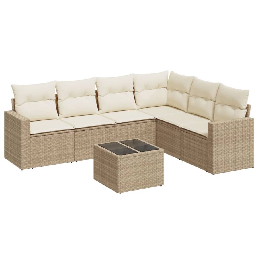 7-delige Loungeset met kussens poly rattan beige - Afbeelding 2