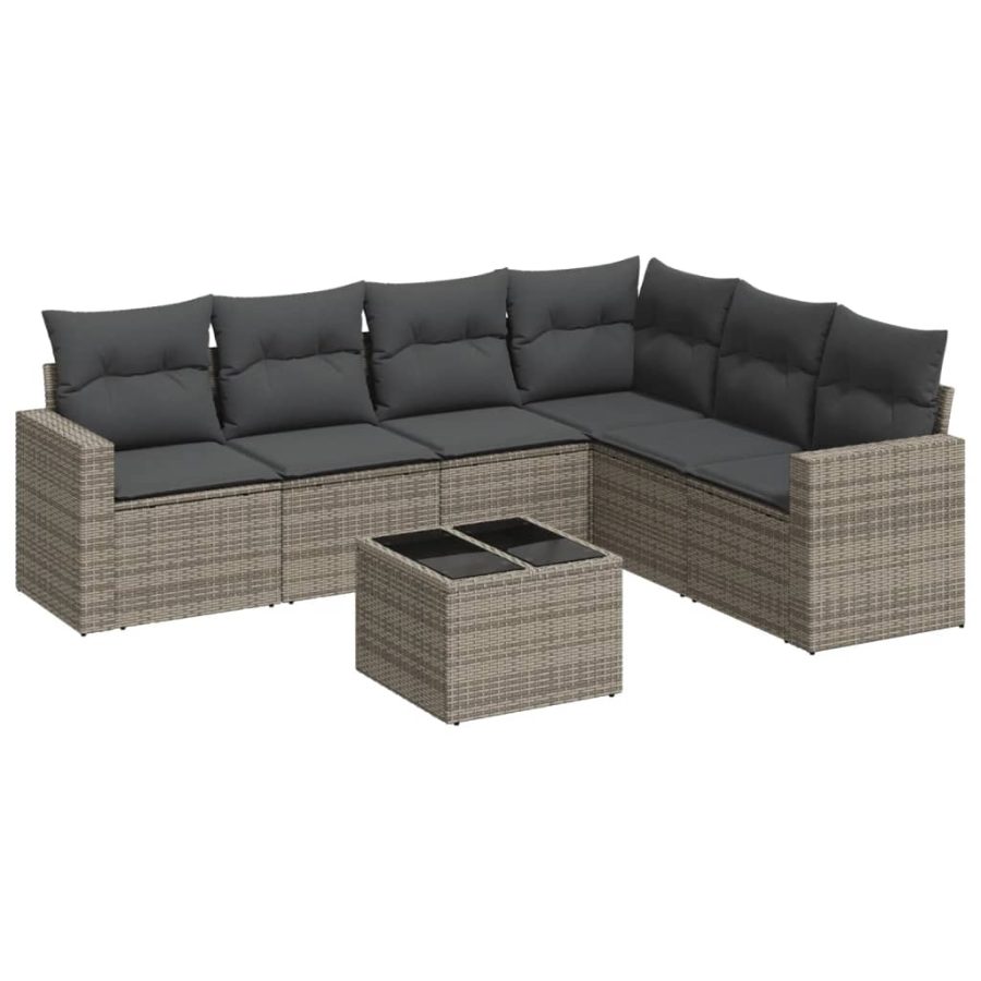 7-delige Loungeset met kussens poly rattan grijs - Afbeelding 2