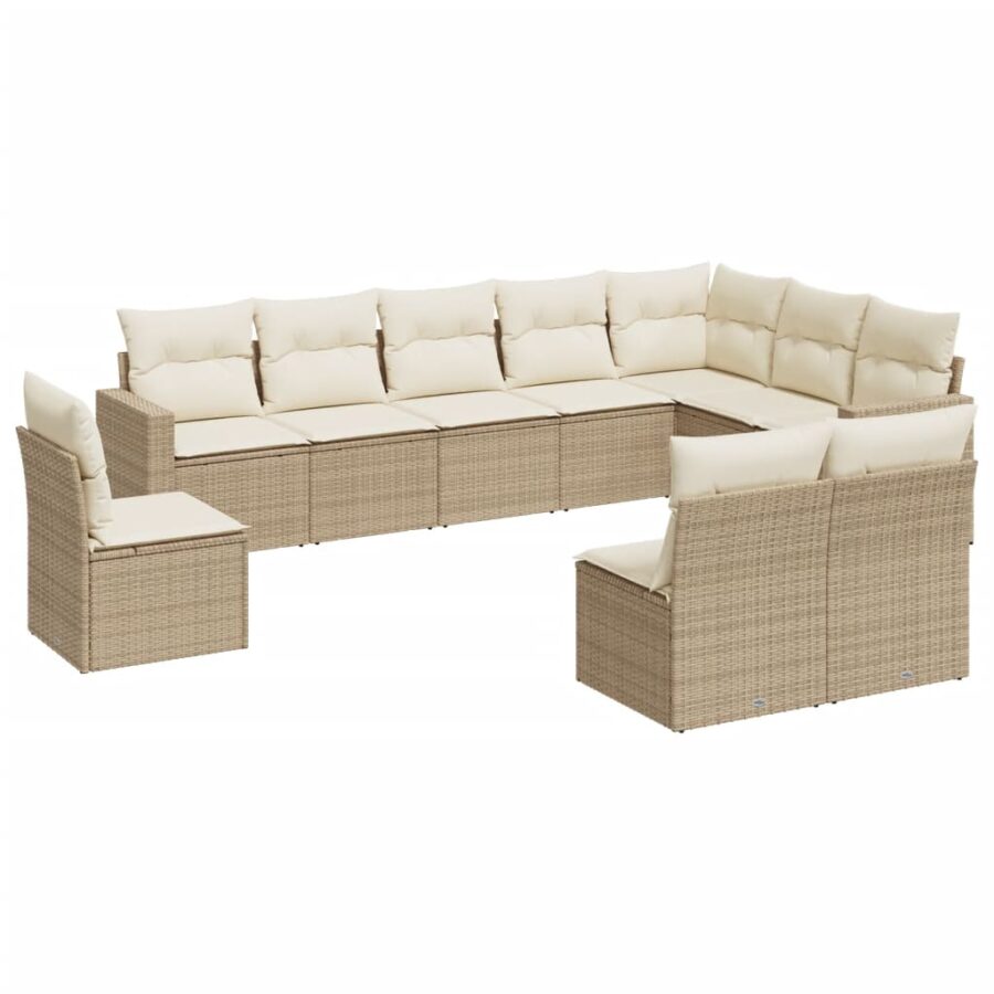 10-delige Loungeset met kussens poly rattan beige - Afbeelding 2