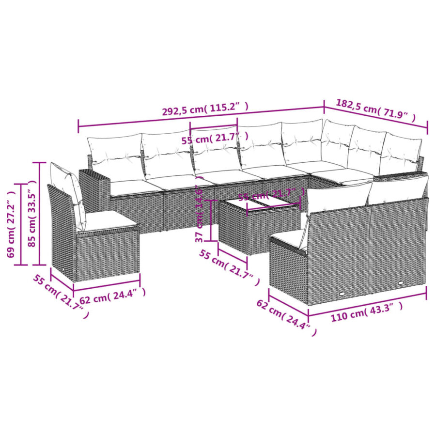 11-delige Loungeset met kussens poly rattan grijs - Afbeelding 3
