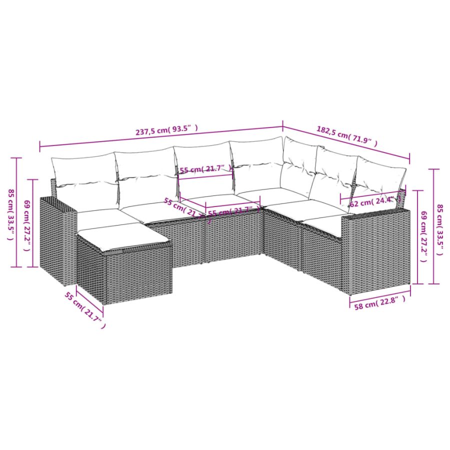 7-delige Loungeset met kussens poly rattan zwart - Afbeelding 3