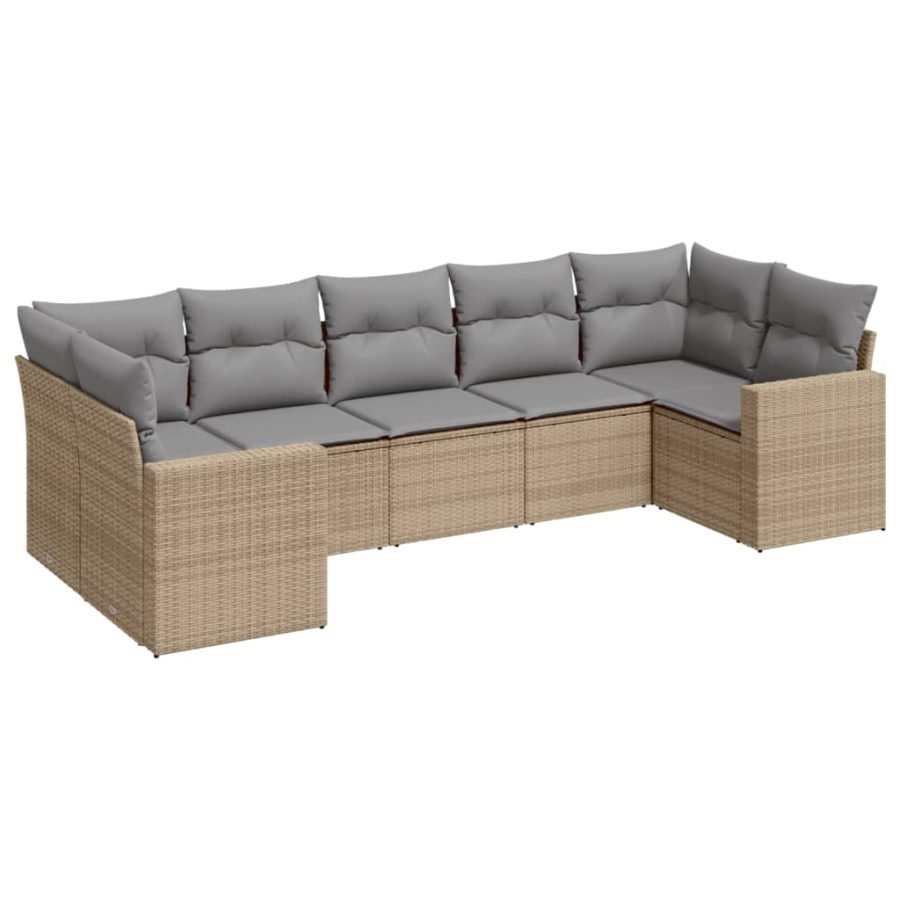 7-delige Loungeset met kussens poly rattan beige - Afbeelding 2