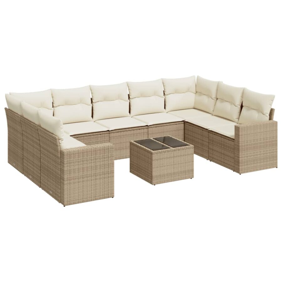 10-delige Loungeset met kussens poly rattan beige - Afbeelding 2