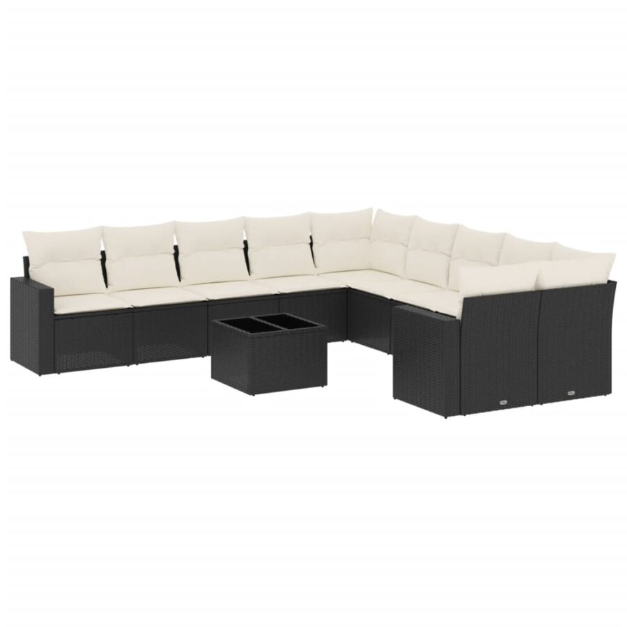 11-delige Loungeset met kussens poly rattan zwart - Afbeelding 2