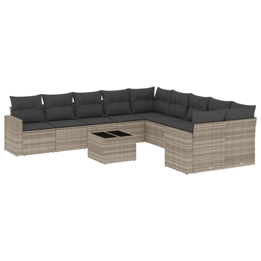 11-delige Loungeset met kussens poly rattan lichtgrijs - Afbeelding 2
