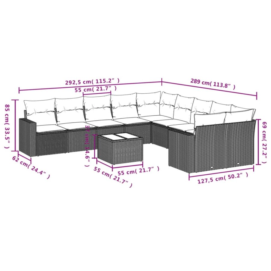 11-delige Loungeset met kussens poly rattan lichtgrijs - Afbeelding 3