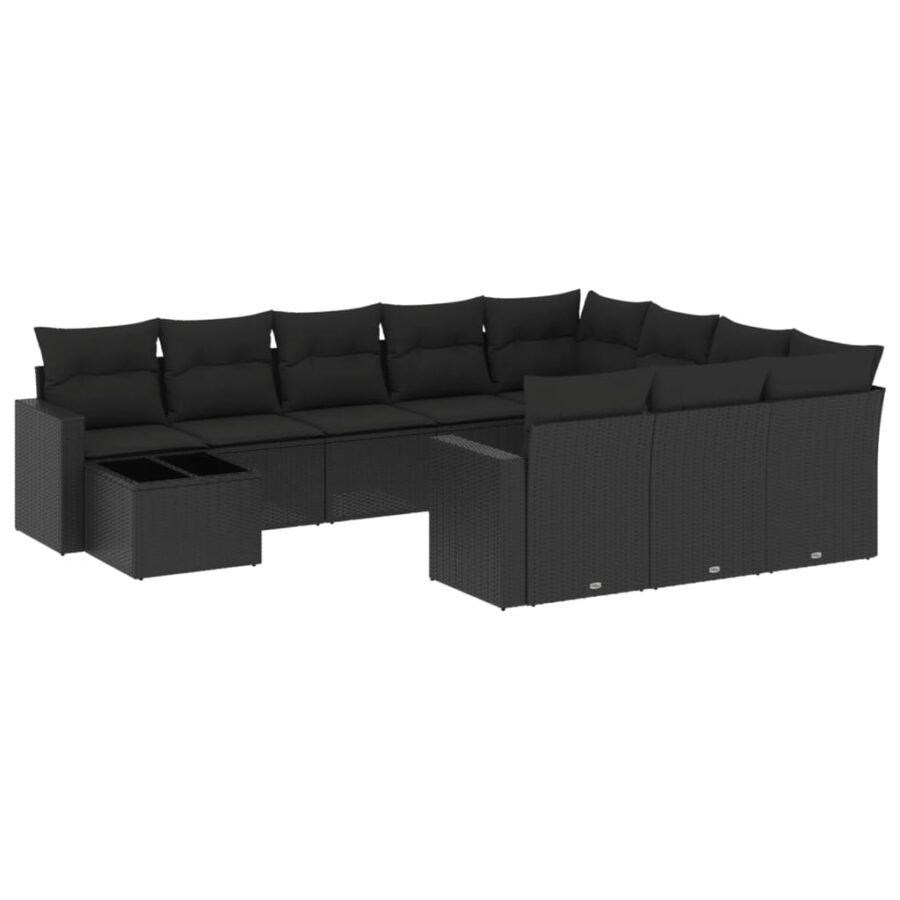11-delige Loungeset met kussens poly rattan zwart - Afbeelding 2