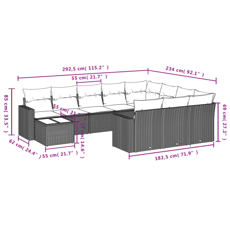 11-delige Loungeset met kussens poly rattan zwart - Afbeelding 3