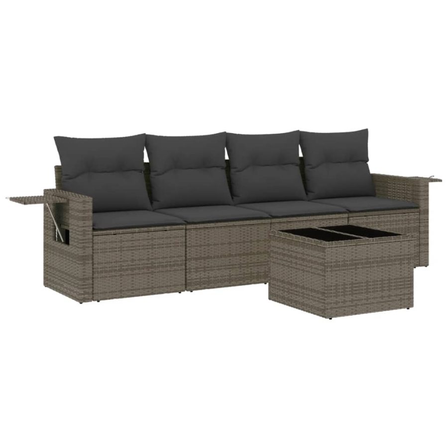 5-delige Loungeset met kussens poly rattan grijs - Afbeelding 2
