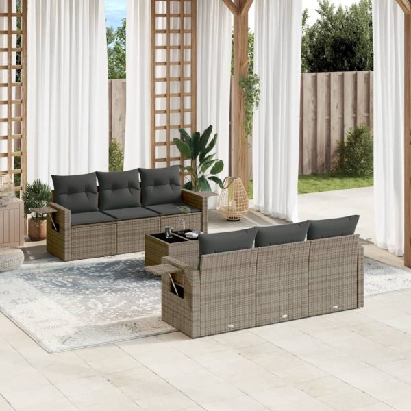 7-delige Loungeset met kussens poly rattan grijs