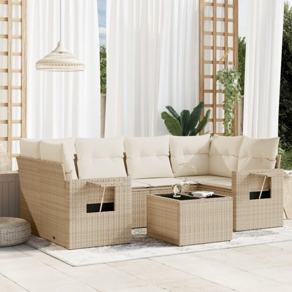 7-delige Loungeset met kussens poly rattan beige