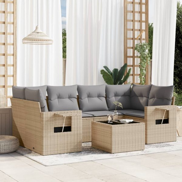 7-delige Loungeset met kussens poly rattan beige