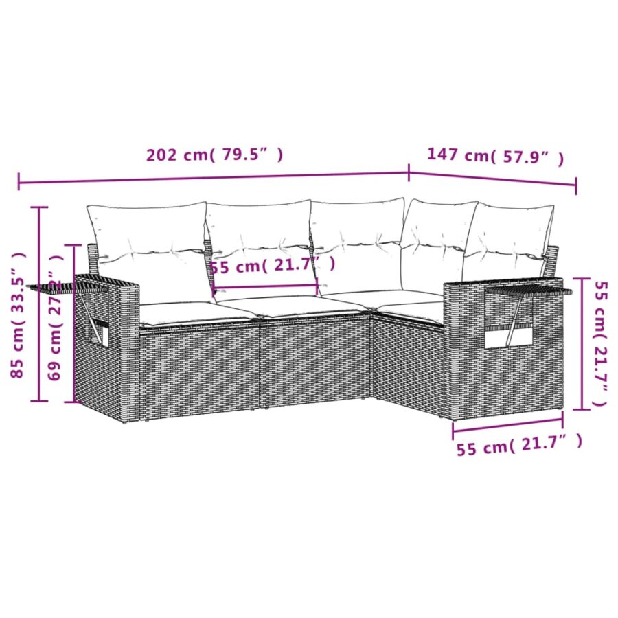 4-delige Loungeset met kussens poly rattan beige - Afbeelding 3