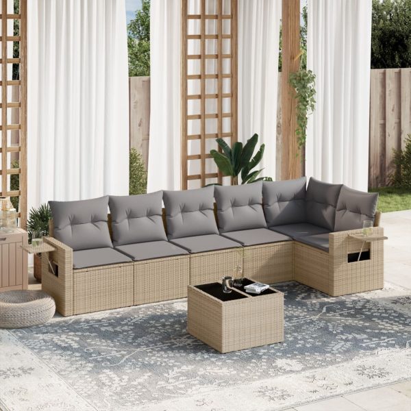 7-delige Loungeset met kussens poly rattan beige