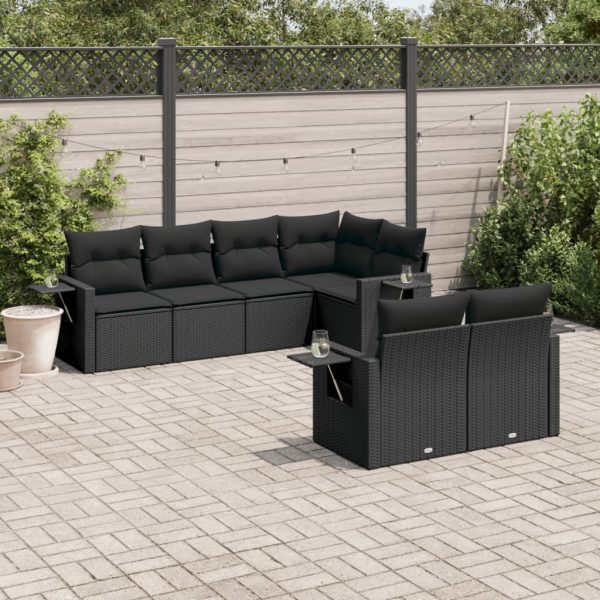7-delige Loungeset met kussens poly rattan zwart