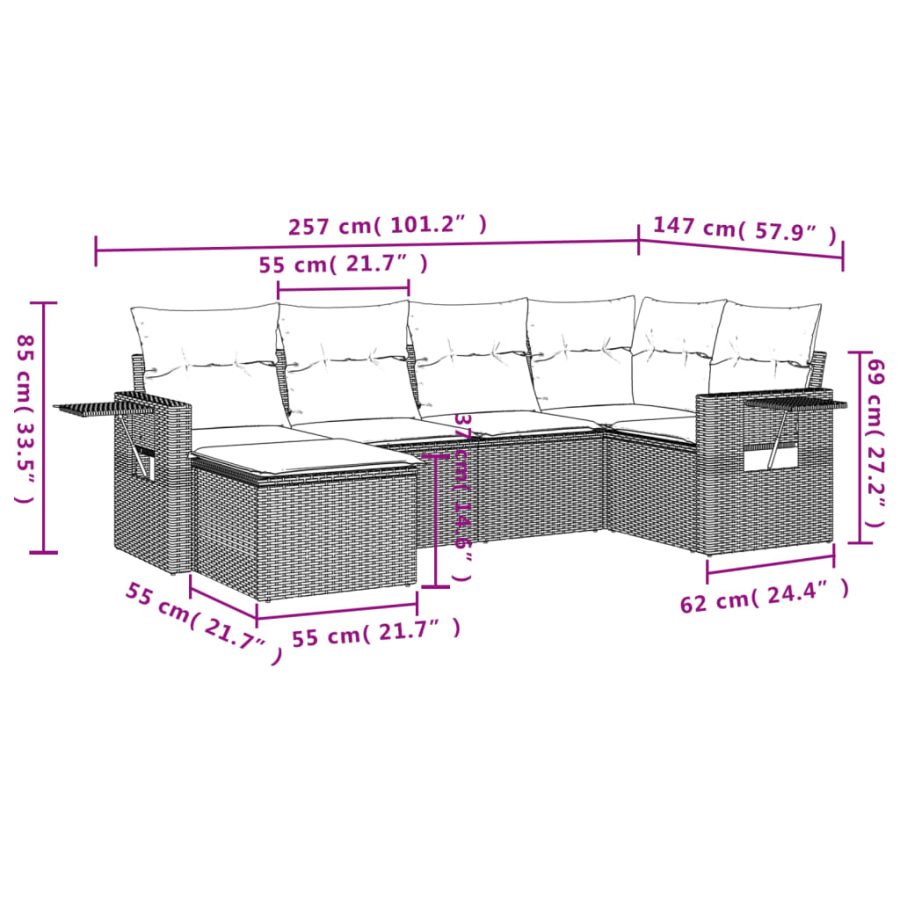 6-delige Loungeset met kussens poly rattan lichtgrijs - Afbeelding 3