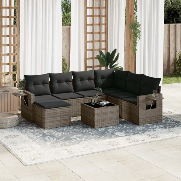8-delige Loungeset met kussens poly rattan grijs