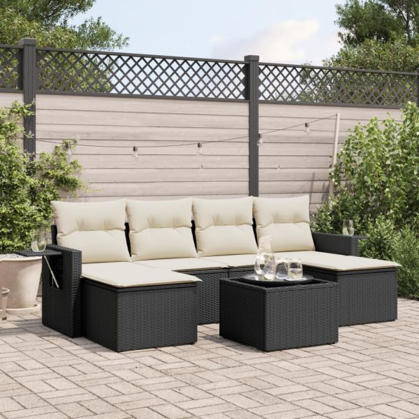 7-delige Loungeset met kussens poly rattan zwart