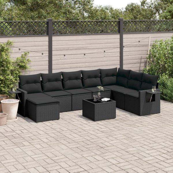 9-delige Loungeset met kussens poly rattan zwart