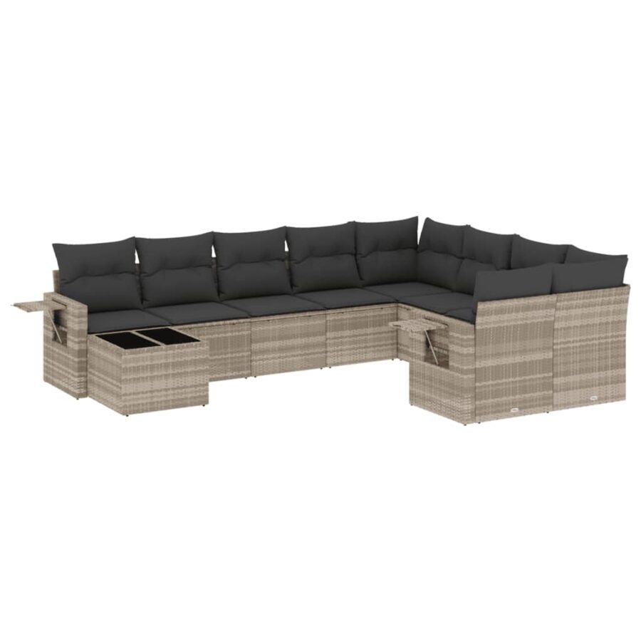 10-delige Loungeset met kussens poly rattan lichtgrijs - Afbeelding 2