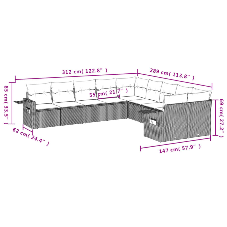10-delige Loungeset met kussens poly rattan grijs - Afbeelding 3
