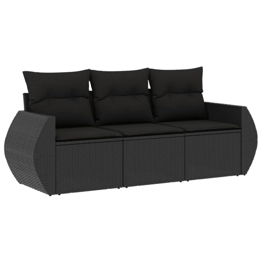 3-delige Loungeset met kussens poly rattan zwart - Afbeelding 2