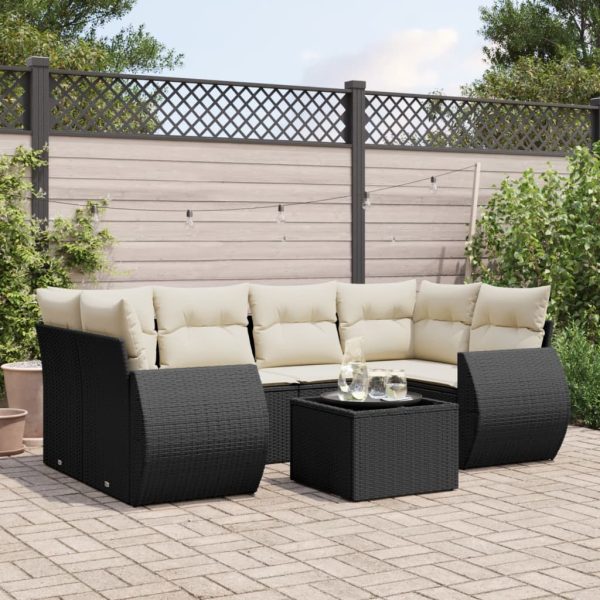 7-delige Loungeset met kussens poly rattan zwart